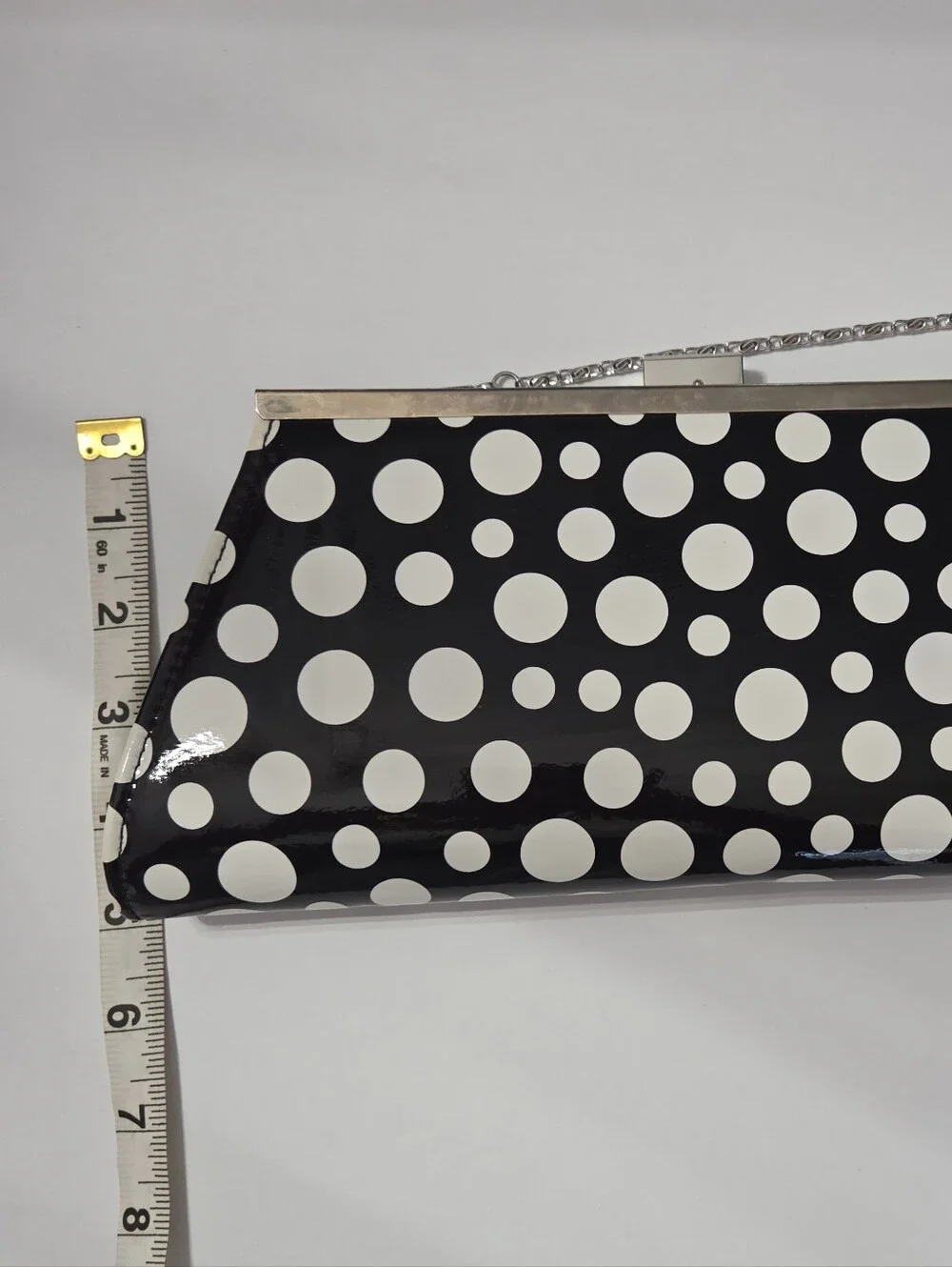 Neiman Marcus Black White Polka Dot Patent Clutch Purse With Chain Strap